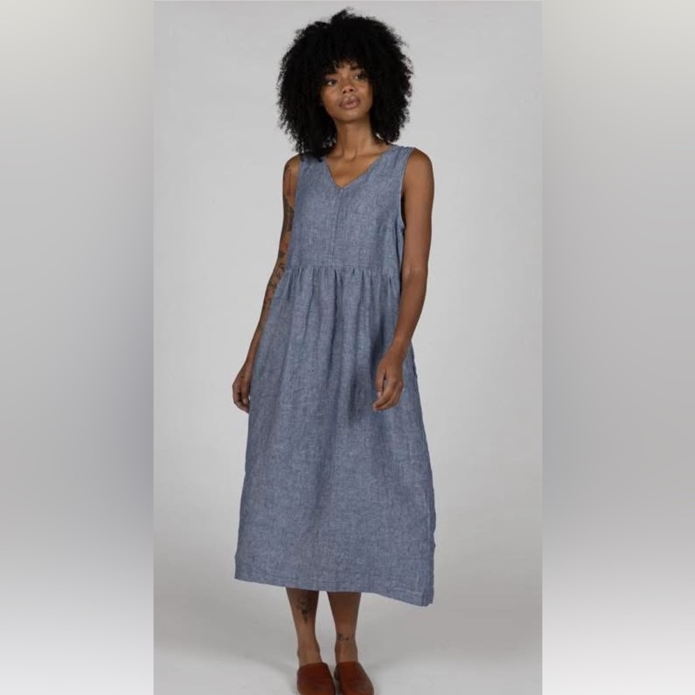 Pyne & Smith Maxi linen blue chambray sleeveless dress XS pockets